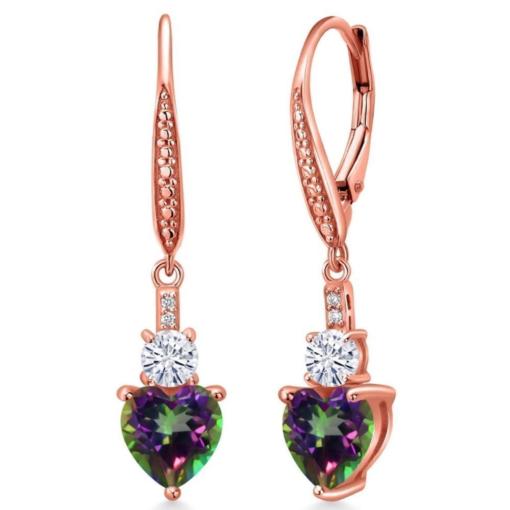 18K Rose Gold with 3.49 Cttw Mystic Topaz and Moissanite Heart Drop Earrings